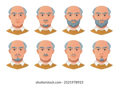 Set of illustrations showing various beard and mustache styles for older men, highlighting facial hair grooming options.