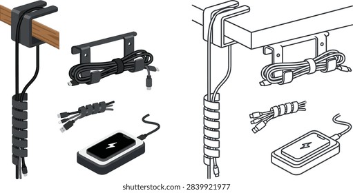 A set of illustrations showing various cable management solutions including desk clamps, spiral wraps, and cord organizers for tidy workspace organization.
