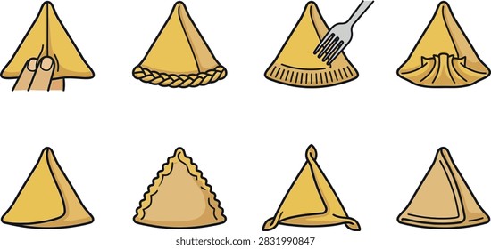 A set of illustrations showing various techniques for folding and sealing edges of samosas or dumplings on a white background.