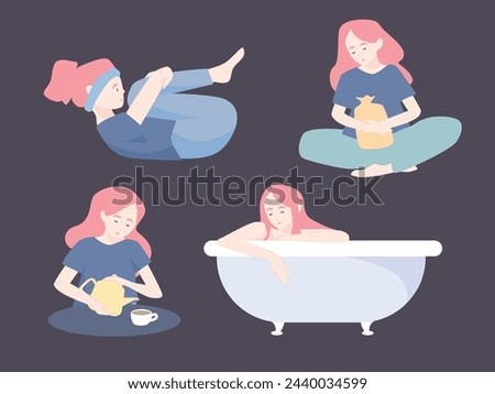 A set of illustrations showing ways to relieve menstrual pain.