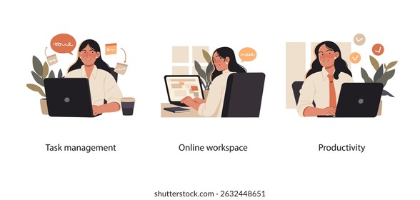Set of illustrations showing a woman managing tasks, working online, and boosting productivity in a digital workspace.