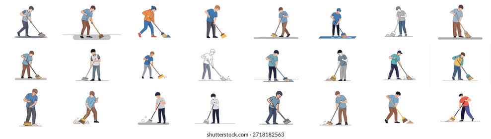 Conjunto de ilustraciones que muestran a hombres y niños jóvenes barriendo pisos y limpiando superficies, simbolizando las tareas domésticas y el orden con varias escobas.