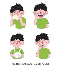 Conjunto de ilustrações de crianças doentes, gripe, tosse, braço quebrado, dor de dente.