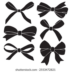 set of illustrations silhouette bows, silk ribbon. symbol of the fight against cancer, femininity