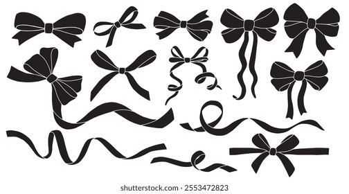 set of illustrations silhouette bows, silk ribbon. symbol of the fight against cancer, femininity