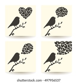 Set of illustrations with silhouette of singing bird and hearts. Vector cards collection