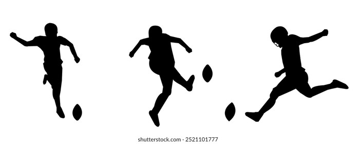 Set of illustrations of silhouettes of American football players. Various poses. Isolated on a white background.