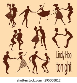 set of illustrations silhouettes dancing lindy hop couples in retro styles