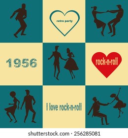 set of illustrations silhouettes dancing rock 'n' roll couples in retro styles