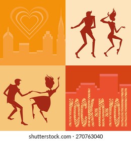 set of illustrations silhouettes dancing rock 'n' roll couples in flat styles against the background of a big city