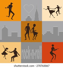 set of illustrations silhouettes dancing rock 'n' roll couples in retro styles against the background of a big city