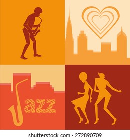 set of illustrations silhouettes dancing rock 'n' roll couple and musician in flat styles against the background of a big city