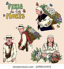 Set of Illustrations of Silleteros at the Feria de las Flores in Medellín