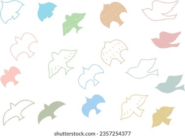 Set of illustrations of simple birds in dull colors drawn with crayon touch.