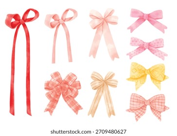 
Set of illustrations of simple bows, vintage ribbons, ties and hair bows. Decorative elements for festive designs. Vector illustration isolated on white background.