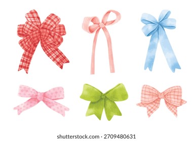 
Conjunto de ilustraciones de arcos simples, cintas vintage, lazos y arcos de pelo. Elementos decorativos para diseños festivos. Ilustración vectorial aislada sobre fondo blanco.