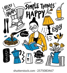 A set of illustrations of simple and happy everyday life elements. Hand drawing vector illustration