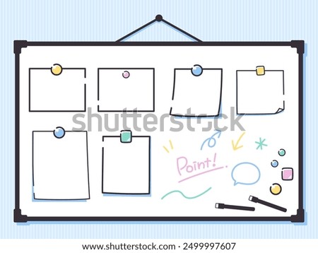 A set of illustrations of a simple line whiteboard and magnetic notes