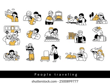 Set of illustrations with simple lines of people traveling