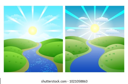 Set of illustrations with simple summer landscapes, winding river against green shores and Sunny sky
