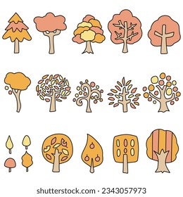 set of illustrations of simple trees of various shapes with autumn leaves