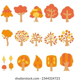 set of illustrations of simple trees of various shapes with autumn leaves
