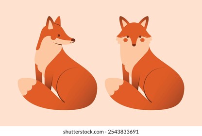 Set of illustrations of sitting red foxes in various poses. Naive cartoon clip arts with cute forest animals. For autumn card, banner, flyer design. Flat Design. Kawaii print in minimal style. 