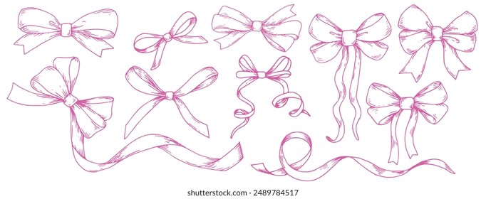 set of illustrations in sketch style. bows, silk ribbon. symbol of the fight against breast cancer, femininity