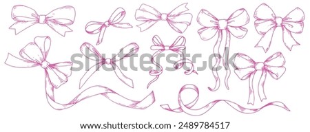 set of illustrations in sketch style. bows, silk ribbon. symbol of the fight against breast cancer, femininity