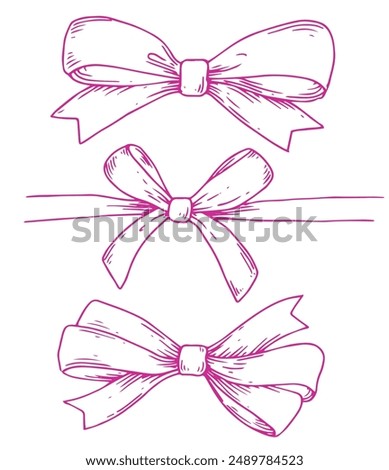 set of illustrations in sketch style. bows, silk ribbon. symbol of the fight against breast cancer, femininity