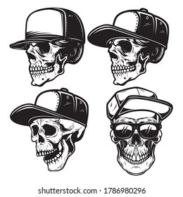 Set of Illustrations of skull in baseball cap in monochrome style. Design element for logo, emblem, sign, poster, card, banner. Vector illustration