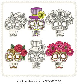 Set of illustrations with skulls. Mexican day of the dead. Freehand drawing.