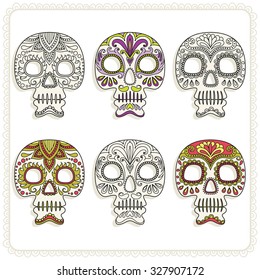 Set of illustrations with skulls. Mexican day of the dead. Freehand drawing.