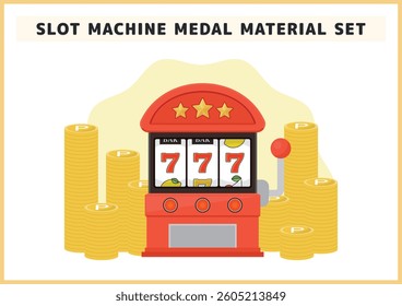 A set of illustrations of a slot machine with 7s and a large number of medals