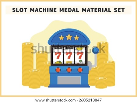 A set of illustrations of a slot machine with 7s and a large number of medals
