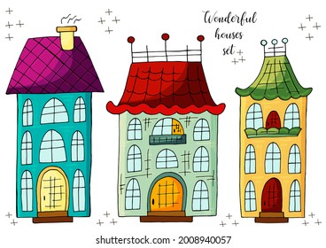 Set of illustrations of small houses in hand draw style. Collection of vector illustrations for your design. Lovely drawings. Signs