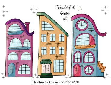 Set of illustrations of small houses in hand draw style. Collection of vector illustrations for your design. Lovely