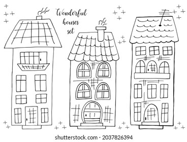 Set of illustrations of small houses in hand draw style. Coloring vector illustrations