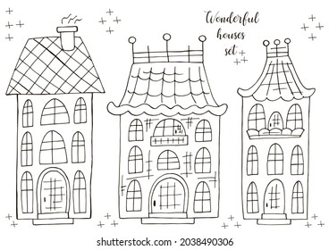 Set of illustrations of small houses in hand draw style. Coloring vector illustrations