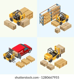 Set of illustrations of small modern forklift moving boxes in warehouse and loading van of delivery service