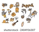 Set of illustrations of small objects and people related to Hawaii, comical hand-drawn figures, vector, line drawings and color.