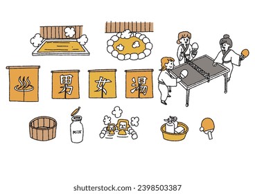 Set of illustrations of small objects and people in public bathhouse, spa and bathhouse, comical hand-drawn figures, vector, line drawing and color.