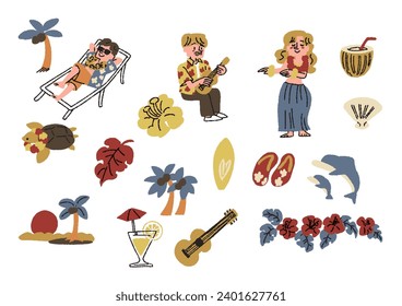 Set of illustrations of small objects and people related to Hawaii, comical hand-drawn figures, vector, line drawings and color.