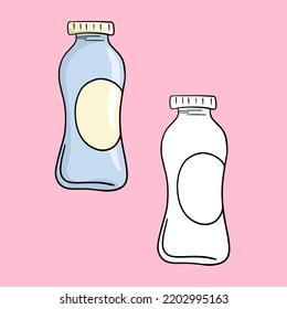 A set of illustrations, a small plastic bottle for milk, yogurt, a copy space, a vector illustration in cartoon style on a colored background