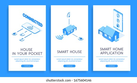 Un conjunto de ilustraciones del hogar inteligente y tecnologías relacionadas con la administración de un hogar inteligente. Carteles con ilustraciones vectoriales isométricas para el tema de negocios o tecnología.