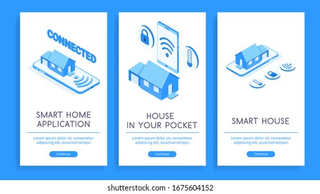 A set of illustrations of smart home and technologies related to the management of a smart home. Posters with isometric vector illustrations for business or technology theme.