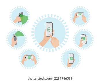 Set of illustrations of smart phone payments. Mobile wallets, mobile payments through apps, hand Cashless QR Code payment and contactless payment.Vector.