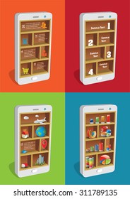 Set of illustrations smart pones with shelves and business icons.