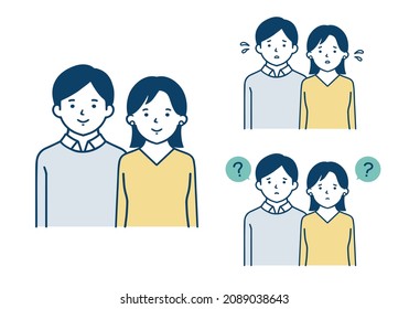 A set of illustrations of smiling faces and troubled expressions of a young couple.