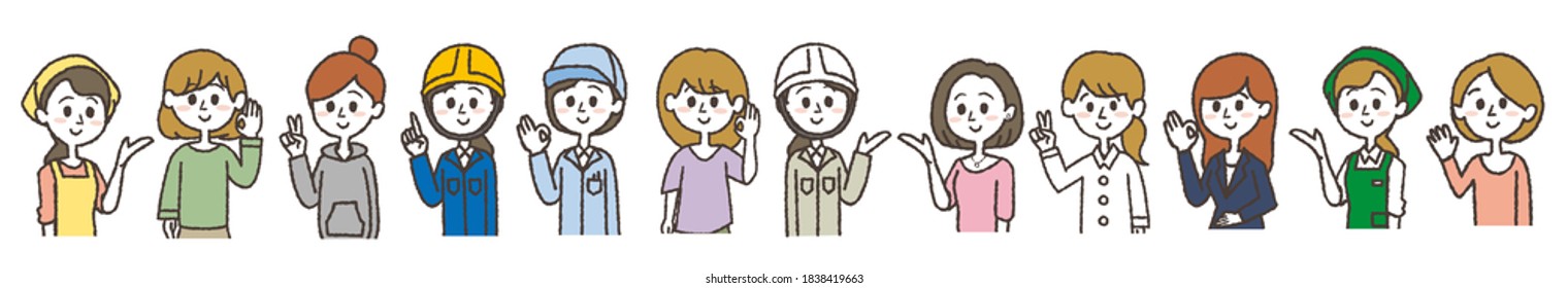 Eine Reihe von Illustrationen von lächelnden Frauen. Vektorgrafik auf weißem Hintergrund.
